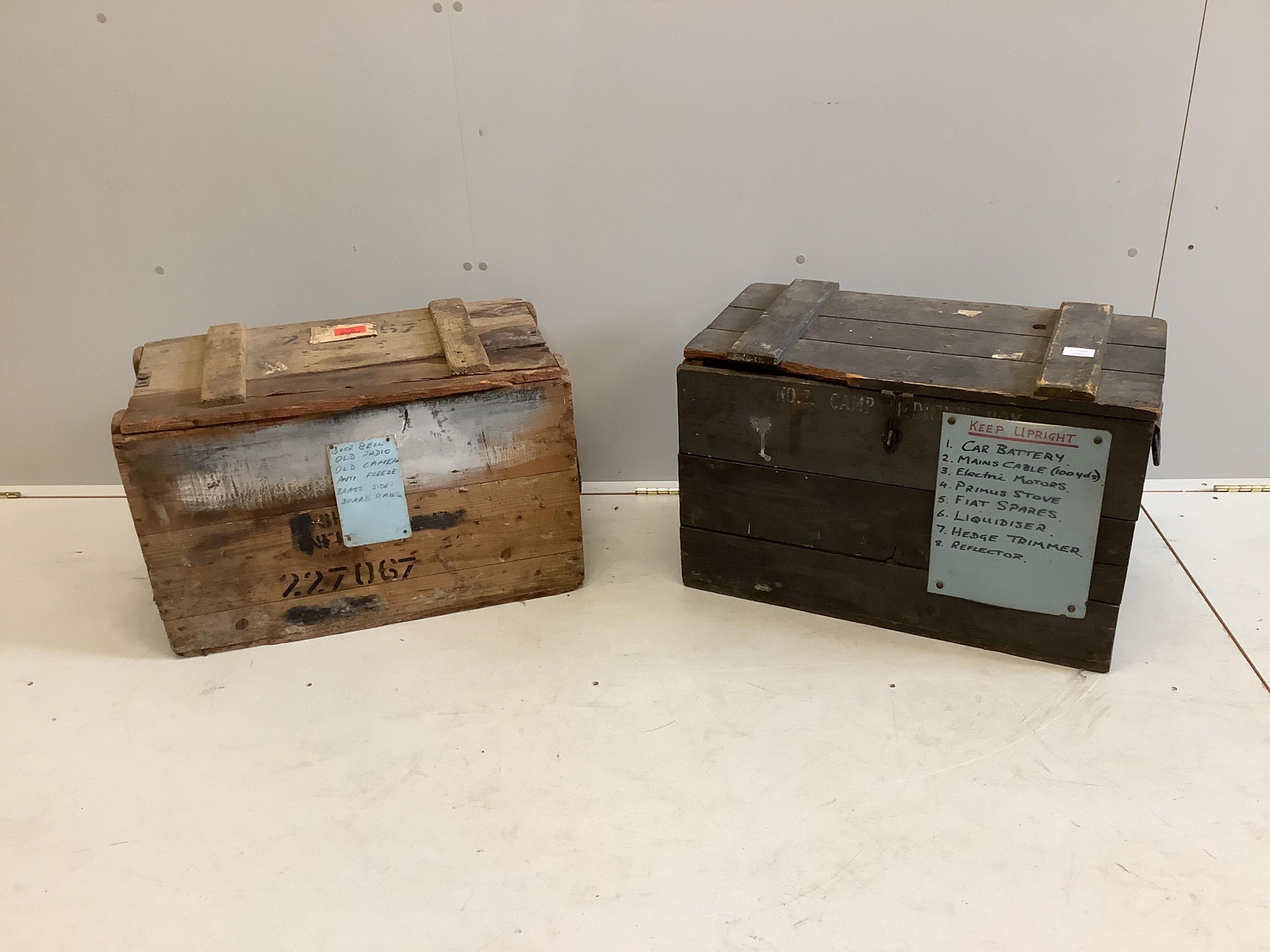 Two vintage Red Cross boxes, width 66cm, depth 38cm, height 44cm. Condition - poor
